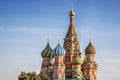 St. Basil`s Cathedral on Red Square in Moscow against the background of a bright blue sky on a sunny day Royalty Free Stock Photo