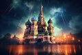 St. Basil\'s Cathedral on Red Square at night, Moscow, Russia, Moscow St. Basil\'s Cathedral Night Shot, AI Generated Royalty Free Stock Photo