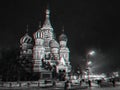 St. Basil's Cathedral on red Square in Moscow in Russia at night in winter with snow