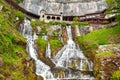 St. Beatus Cave and waterfalls above Thunersee, Sundlauenen, Switzerland. Falls are running down the mountain with a green grass