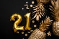 21st birthday celebration background with gold balloons and golden pineapples