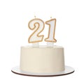 21st birthday. Delicious cake with number shaped candles for coming of age party isolated on white Royalty Free Stock Photo