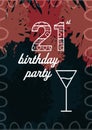 21st birthday party written in white, with cocktail glass on invite with brown and black background