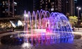 1st december 2020.Colorful fountains at Dubai creek harbor with embankment promenade ,hotels, shops and residences