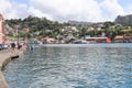 St. George, Grenada - 12/15/17: Scenic ocean views of shops along the coast in the St. George, the capital of Grenada