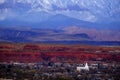 St. George Utah Valley with Mormon LDS Temple Red Cliffs and Snow Covered Mountains Miniature Blur Royalty Free Stock Photo