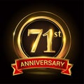 71st golden anniversary logo with ring and red ribbon. Vector design template elements for your birthday celebration Royalty Free Stock Photo