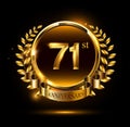 71st golden anniversary logo with ring & ribbon, luxury laurel wreath Royalty Free Stock Photo