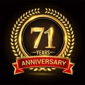 71st golden anniversary logo, with shiny ring and red ribbon, laurel wreath isolated on black background, vector design Royalty Free Stock Photo