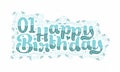 1st Happy Birthday lettering, 1 year Birthday beautiful typography design with aqua dots, lines, and leaves