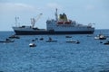 ST HELENA - OCTOBER 7, 2015: The RMS St Helena in James Bay at St Helena after one of its final voyages to the island
