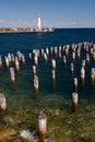 St. Ignace lighthouse and pier pilings Royalty Free Stock Photo