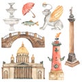 Watercolor sights of St. Petersburg, St. Isaac\'s Cathedral, for postcards, invitations,