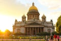 St. Isaacs Cathedral at sunset in St. Petersburg, Russia. Yellow and golden colours.