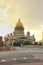 St. Isaacs Cathedral at sunset in St. Petersburg, Russia. Yellow and golden colours.