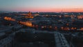 St. Isaak cathedral illuminating at night Saint Petersburg, Russia. city from above, cinematic drone video, historical