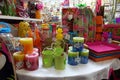 St Ives, Cornwall, UK - April 13 2018: Colourful homeware and decorative items for sale on shelves in a fancy goods store Royalty Free Stock Photo