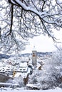 The St. Johan church tower over the old town snow roofs Royalty Free Stock Photo