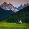 St Johann church on the green field, Dolomites, Italy Royalty Free Stock Photo