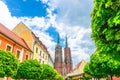 St. John the Baptist church building with two spires in old historical city centre, Ostrow Tumski, Wroclaw Royalty Free Stock Photo