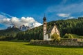 St. John church in front of the Odle mountains, Funes Valley, Dolomites, Italy Royalty Free Stock Photo