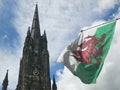 St. JohnÃÂ´s church tower and scotland flag. Edinburgh. UK