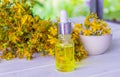 St. John's wort flower oil in a glass bottle. on a wooden background Royalty Free Stock Photo