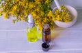 St. John's wort flower oil in a glass bottle. on a wooden background Royalty Free Stock Photo