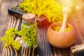 St. John wort. Hypericum plants yellow flower used in alternative medicinein in wooden mortar next to dried flowers in medical