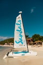 St.johns, Antigua - March 05, 2017: yacht on water and sandy sea coast on beach sunny. sandals yacht for tourists on