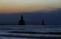 St. Joseph Michigan lighthouse at deep sunset Royalty Free Stock Photo