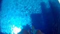 1st of July 2020, Usti nad Labem, Czechia. POV view of walk by jumping tower and jumping into pool water. Buubles in water.