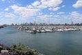 Boats in the St Kilda marina, with St Kilda foreshore and Melbourne Skyline in the background