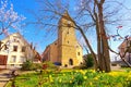 The St. Laurentius church in Gimmeldingen during the almond blossom