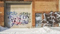 The St. Lawrence Warehouse covered with Graffiti on the doors and walls in Montreal