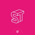 ST logo. S and T letters. White linear emblem as 3D on a pink background.