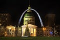 St Louis, Missouri, Dec 2019 - St Louis Gateway Arch and Old Courthouse at night with Christmas tree in front Royalty Free Stock Photo