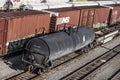 St. Louis, Missouri, United States-circa 2018-Norfolk Southern train boxcar and ADM tanker car on railroad tracks in trainyard