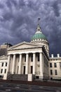 St Louis, Missouri, United States-circa 2014-Old Courthouse glowing white, dark storm clouds dramatically looming in background