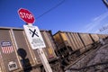 St Louis, Missouri, United States - circa 2015 - Stop Sign Railroad Crossing No Trespassing Union Pacific Train Royalty Free Stock Photo