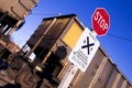 St Louis, Missouri, United States - circa 2015 - Stop Sign Railroad Crossing No Trespassing Union Pacific Train Royalty Free Stock Photo