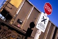 St Louis, Missouri, United States - circa 2015 - Stop Sign Train Railroad Crossing No Trespassing Union Pacific Royalty Free Stock Photo