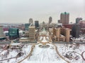 Aerial view of a ST Louis downtown covered in snow. Royalty Free Stock Photo