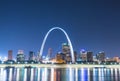 St. louis skyscraper at night with reflection in river,st. louis,missouri,usa