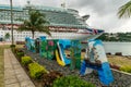 St Lucia sign and MV Ventura Pointe Seraphine Cruise port Castries St Lucia