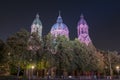 St. Luke Church near Isar river and Wehrsteg bridge, Munich, Germany.