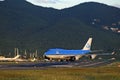 St Maarten, Caribbean, Maho Bay airport Boeing 747 KLM arriving out of the sunset from over the ocean Royalty Free Stock Photo