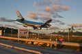 St Maarten, Caribbean, Maho Bay airport Boeing 747 KLM arriving out of the sunset from over the ocean Royalty Free Stock Photo