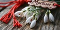 1st of March red cord martisor, snowdrops on wooden background, banner, copy space Royalty Free Stock Photo