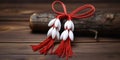 1st of March tradition white and red cord martisor isolated on wooden background, banner, copy space Royalty Free Stock Photo